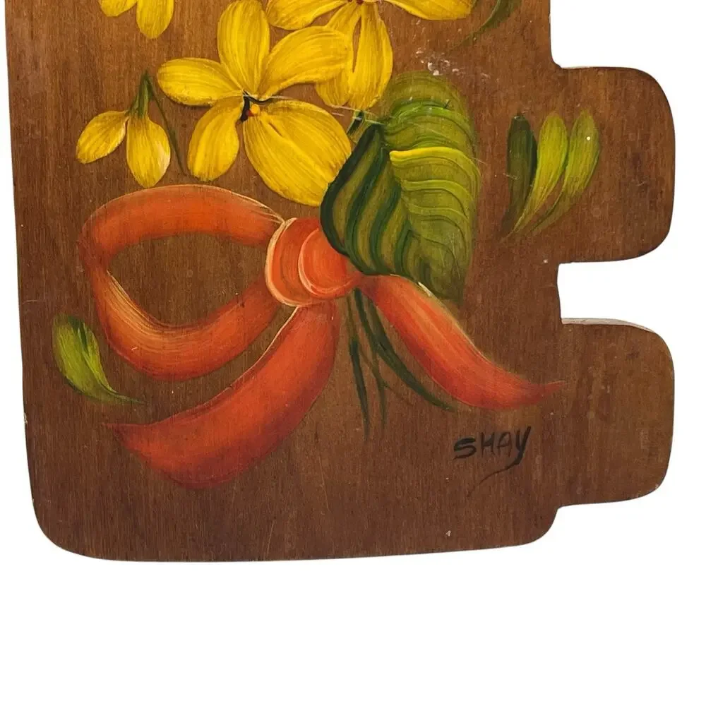 Wooden Key Yellow Flowers Hand Painted Norwegian Folk Art ROSEMALING Signed Shay